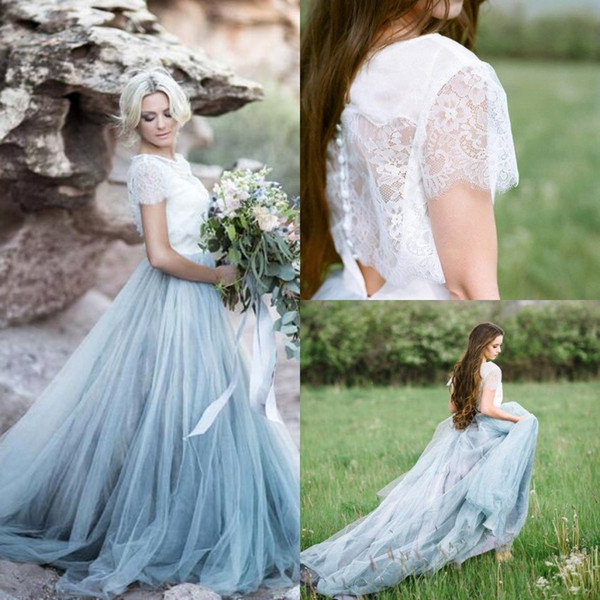 Fairy Beach Boho Lace Wedding Dresses A Line Soft Tulle Cap Sleeves Backless Light Blue Skirts Plus Size Bohemian Bridal Gown BA4363