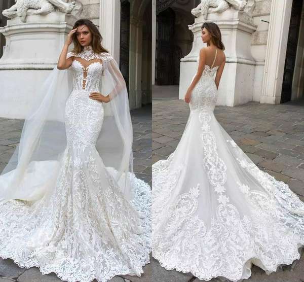 Gorgeous Mermaid Lace Wedding Dresses With Cape Sheer Plunging Neck Bohemian Wedding Gown Appliqued Plus Size BA9313