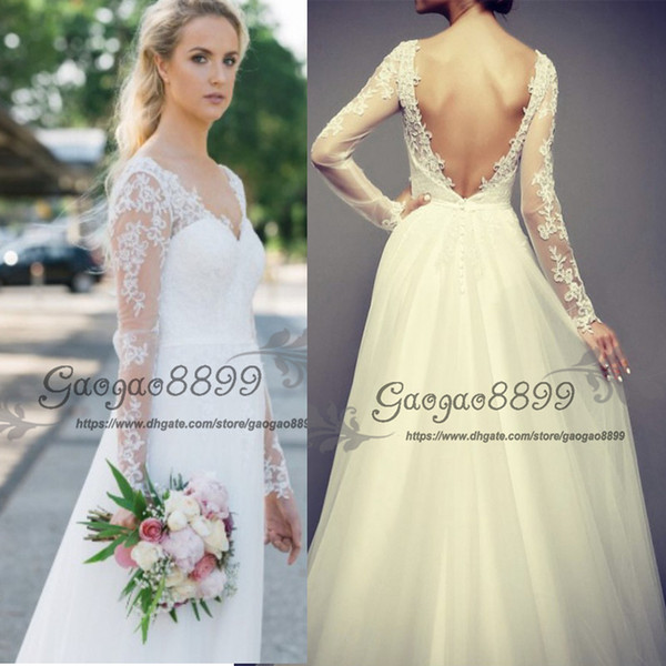 New desinger long sleeves A line beach wedding dresses elegant V neck lace open back backless country bridal dresses wedding gowns