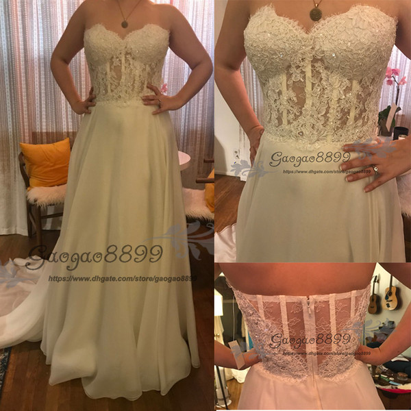 Modest lace corset Country beach Wedding Dresses illusion Sweetheart chiffon organza Fitted 3D appliques boho Bridal wedding Gowns