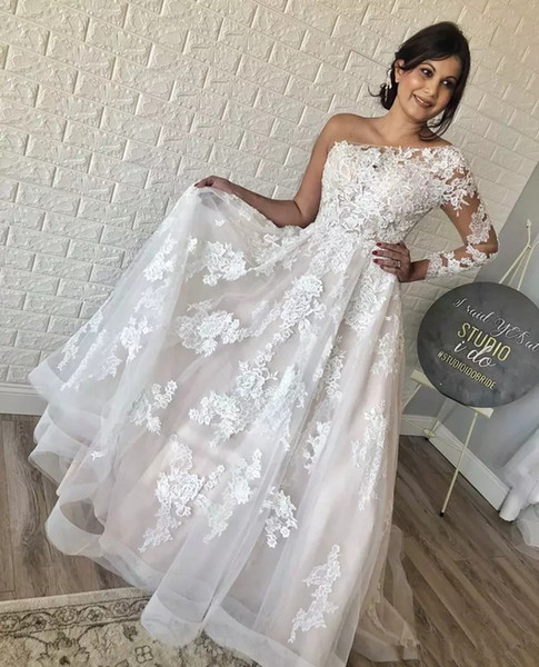 Elegant One Shoulder country Wedding Dresses long Sleeve silver white Bridal Gowns Saudi Arabic Sweep Train Lace Plus Size brida gowns