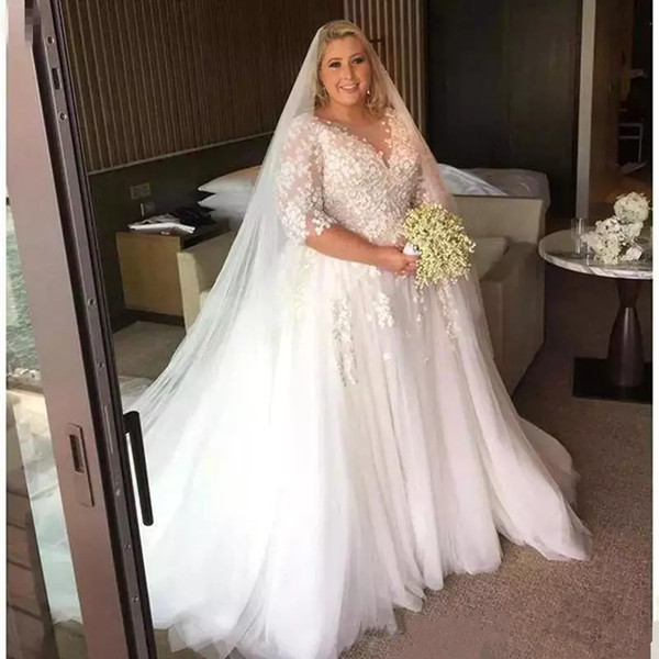 New Arrival Sheer V Neck Plus Size Lace Wedding Dresses Half long Sleeves Tiered Tulle Bridal Gowns Wedding Gowns vestido de novia