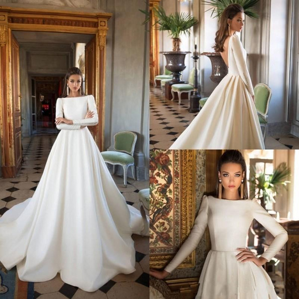 Plus Size Wedding Dresses Bridal Gowns A Line Satin Open Back Sweep Train Long Sleeve Wedding Gowns Bateau Neck Winter Bridal Dress