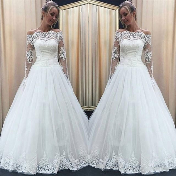 Vintage Lace Cheap Wedding Dresses Bridal Gowns A Line Off Shoulders Sheer Long Sleeves Zipper Back