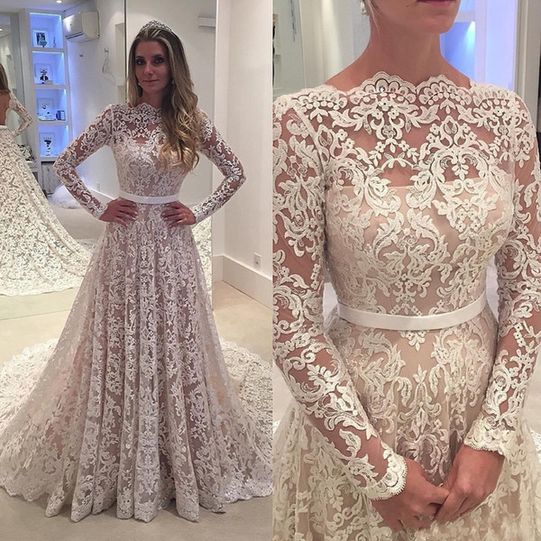 Country Full Lace Cheap Wedding Dresses Bridal Gowns A Line Sash Bateau Backless Long Sleeves Sweep Train robe de soiree