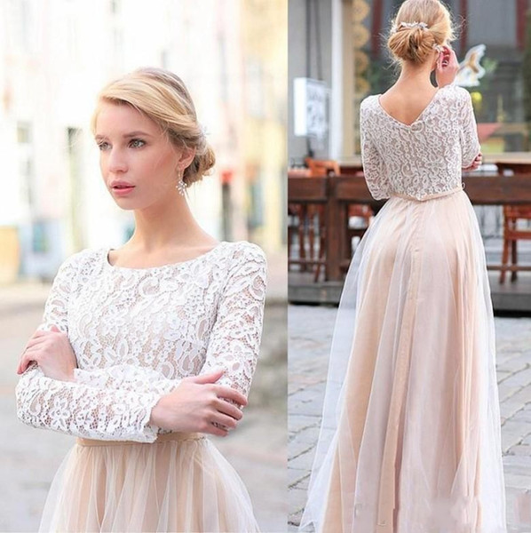 Fall Simple Blush Pink Lace Long Sleeves Wedding Dresses Bridal Gowns Scoop Neck Applique Formal Dress Beach Tulle