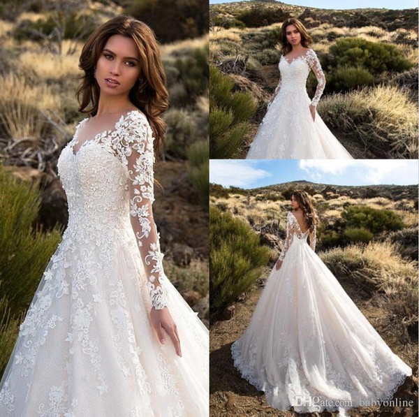 Gorgeous Ivory Sheer Long Sleeves Wedding Dresses Sexy Backless Lace Tulle Bridal Gowns Robe De Mariage New Arrival BA6671