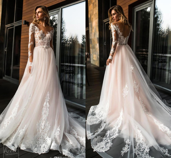 Gorgeous Sheer Long Sleeves Lace Wedding Dresses A Line Tulle Wedding Bridal Gowns Summer Beach Cheap Custom Made BC1438