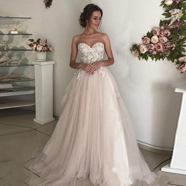 Blush Pink Vintage Lace Wedding Dresses A Line Tulle Summer Beach Garden Wedding Bridal Gowns with Lace Appliqued Gowns For Wedding