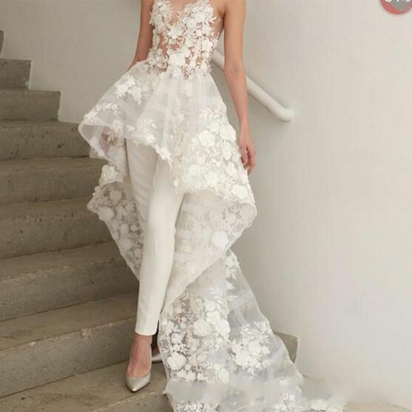 New Sexy Bohemian White Jumpsuits wedding dresses Long Train Zuhair Murad Sweetheart Lace 3D Floral Appliques bridal wedding gown