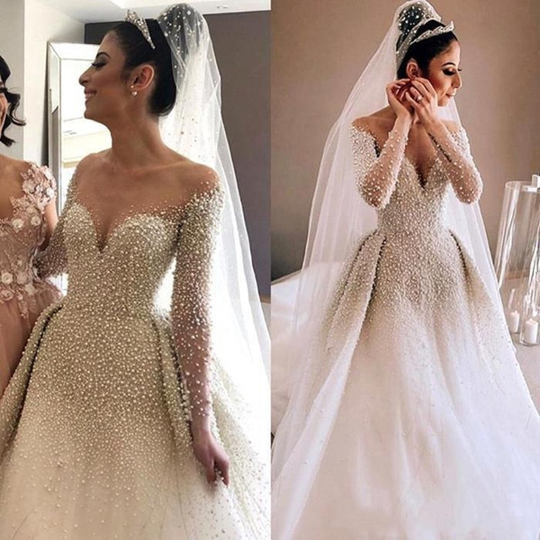 Arabic Sheer Long Sleeves Tulle A Line Wedding Dresses Beaded Pearls Ruched Court Train Wedding Bridal Gowns BC1543