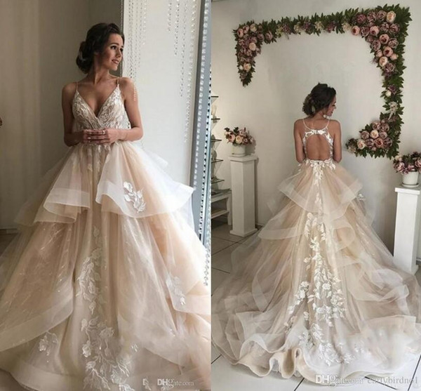 Romantic Champagne Elegant Lace Wedding Dresses Straps V Neck Sexy Open Back Tulle Wedding Bridal Gowns with Lace Appliques Custom Made