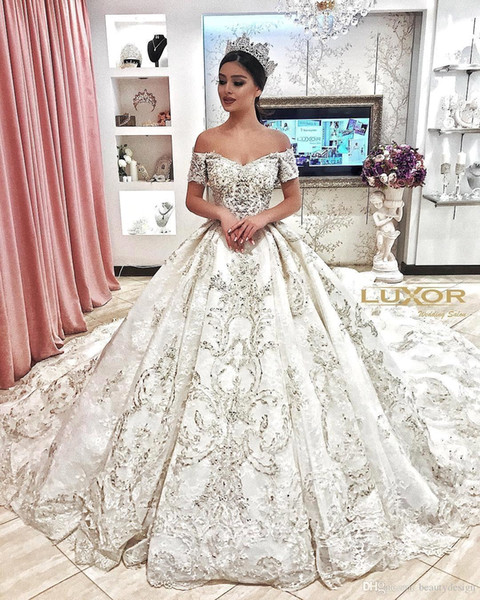 New Princess Beaded Off Shoulder Ball Gown Wedding Dresses Arabic Dubai Appliques Bridal Gown robe de mariee BC1146