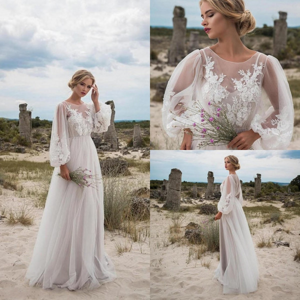 Sexy Boho Wedding Dresses Long Sleeves Bohemian Wedding Dresses Appliques Tulle Floor Length Beach Wedding Gowns Cheap Bridal Dresses