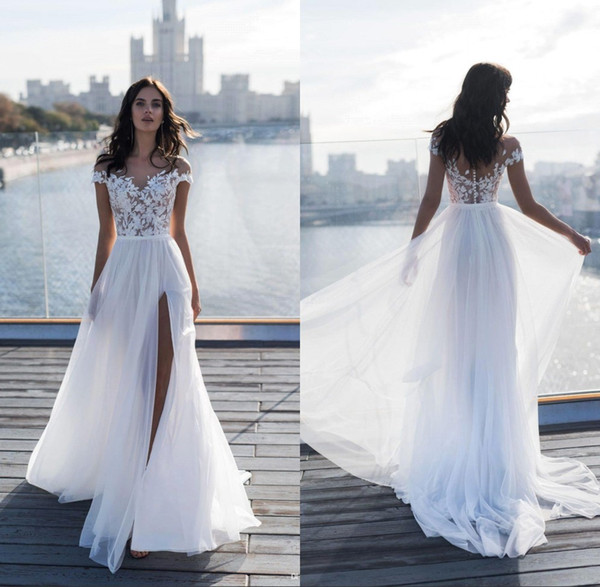 Summer Off Shoulder Chiffon A Line Wedding Dresses Beach Thigh-High Slits Bridal Gown Lace Appliques vestido de novia BC1924