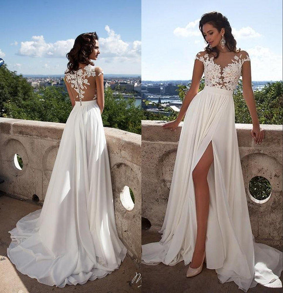 Summer Beach Sexy Sheer Lace Appliqued A Line Wedding Dresses Capped Sleeves High Split Chiffon Cheap Bridal Gowns CPS493