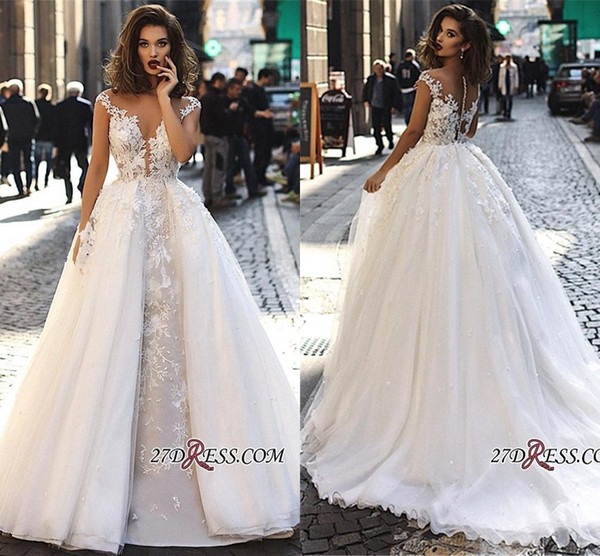 Elegant Cap Sleeves Lace Wedding Dresses A Line Tulle Lace Applique Sheer Back Bridal Gowns with Detachable Overskirts BC1129