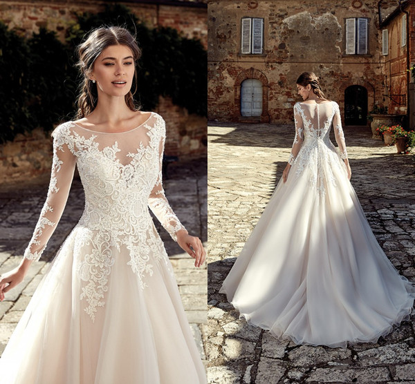 Elegant Country Long Sleeves Wedding Dresses Lace Appliqued A Line Tulle Long Bridal Gowns Cheap Custom Made BC0936