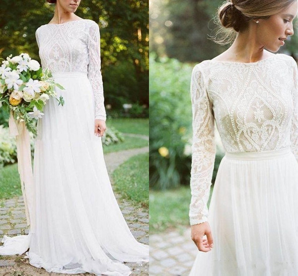 Bohemian Country Wedding Dresses With Long Sleeves Bateau Neck A Line Lace Applique Chiffon Boho Bridal Gowns Cheap