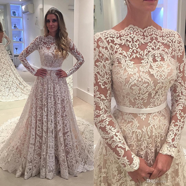 Robe De Soiree Long Sleeves Lace Wedding Dresses Arabic Lace Sheer Bateau Neck Custom Made See Through Back Bridal Gowns with Belt