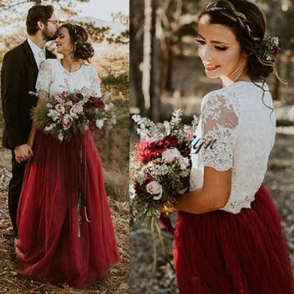 Burgundy Tulle Country Wedding Dresses A Line Short Sleeves Lace Bridal Gowns Two Pieces Plus Size Boho Wedding Gowns