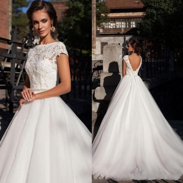 Simple Elegant Capped Sleeves Lace Wedding Dresses Summer Beach A Line Tulle Cheap Wedding Bridal Gowns Sexy Low Back