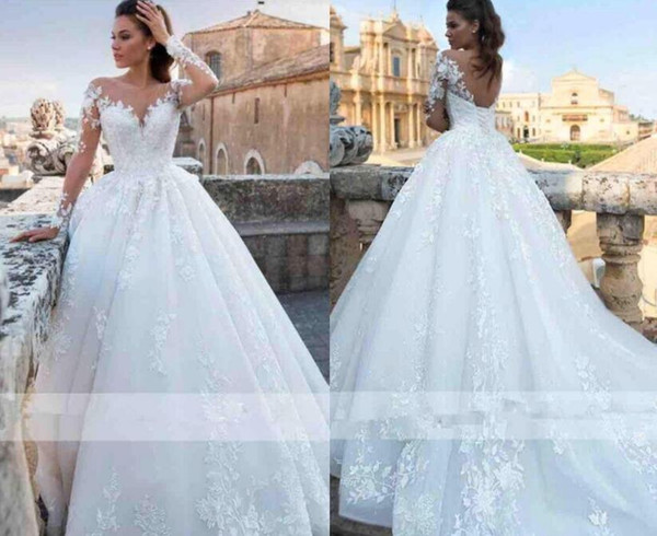 Romantic Elegant Ivory Full Lace Wedding Dresses Sheer Neck Long Sleeves A Line Tulle Wedding Bridal Gowns Corset Back Wedding Gowns