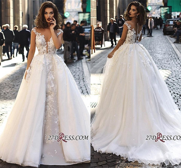 New Elegant Cap Sleeves Lace Wedding Dresses A Line Tulle Lace Applique Sheer Back Bridal Gowns with Detachable Overskirts BC1129