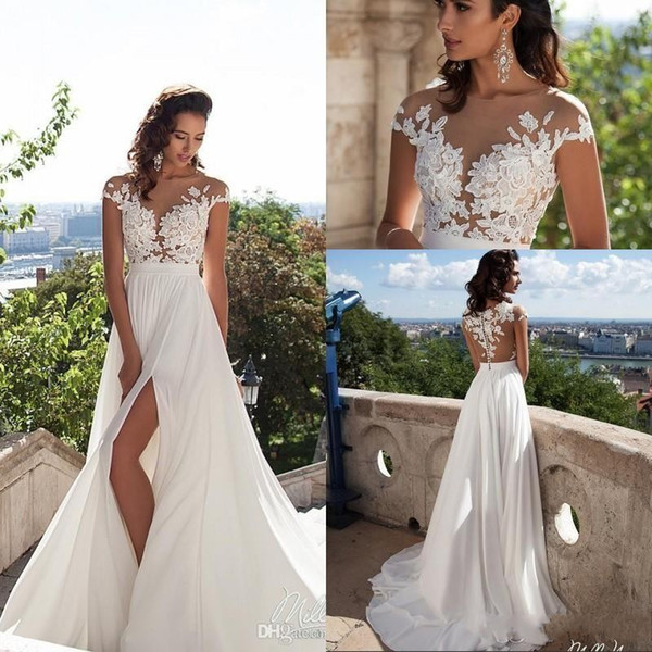 Sexy Illusion Cap Sleeves Lace Top Chiffon A Line Wedding Dresses Boho Tulle Lace Applique Split Summer Beach Bridal Gown With Buttons