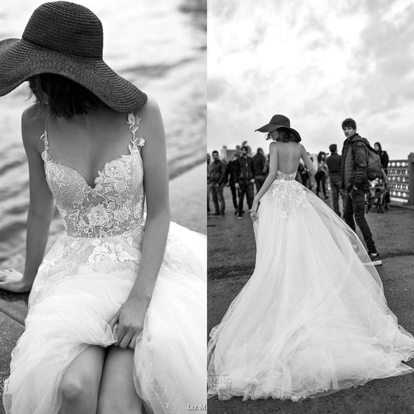 Sexy Open Back A Line Beach Wedding Dresses Spaghetti Floral Lace Appliques Tulle Bridal Gown vestido de novia BC1832