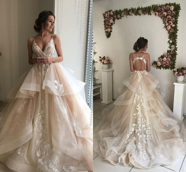 New Champagne Elegant A Line Spaghetti Lace Wedding Dresses Tiered Ruffle Flowing Lace Applique V Neck Zipper Back Bridal Wedding Gowns