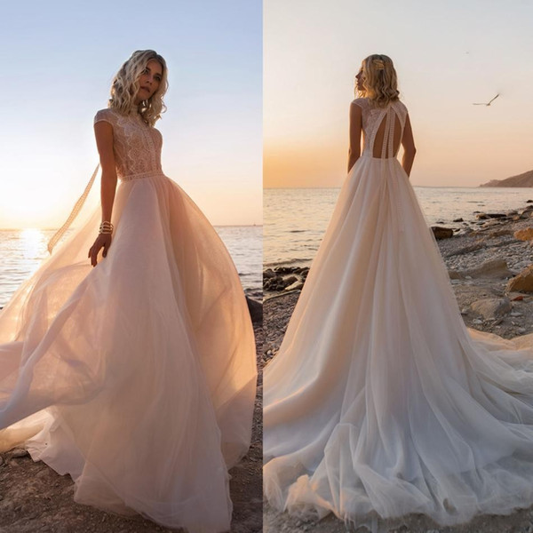 Bohemian High Neck A Line Wedding Dresses Lace Backless Cap Sleeve Sweep Train Engagement Gowns Plus Size Beach Brides Dresses