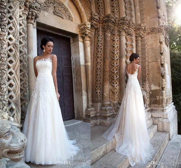 Simple Elegant Summer Beach Boho Wedding Dresses Sheer Neck A Line Tulle Bridal Gowns Lace Button Covered Back BC1375