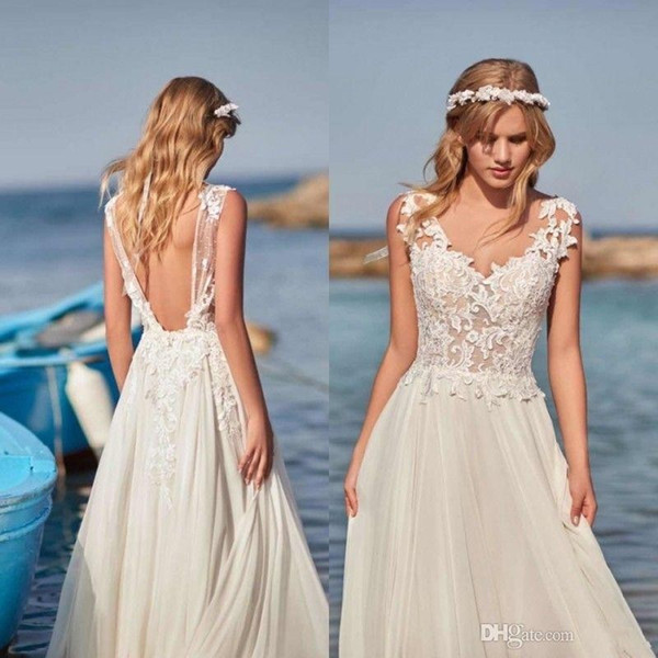 Simple Design Bohemian A Line Beach Wedding Dresses V Neck Backless Lace Appliques Floor Length Customize Bridal Gowns Plus Size