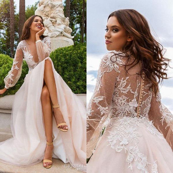 Plus Size Lace Appliques Wedding Dresses Country Deep V Neck See Through Back With Button Handmade Flowers Sweep Train Bridal Gowns