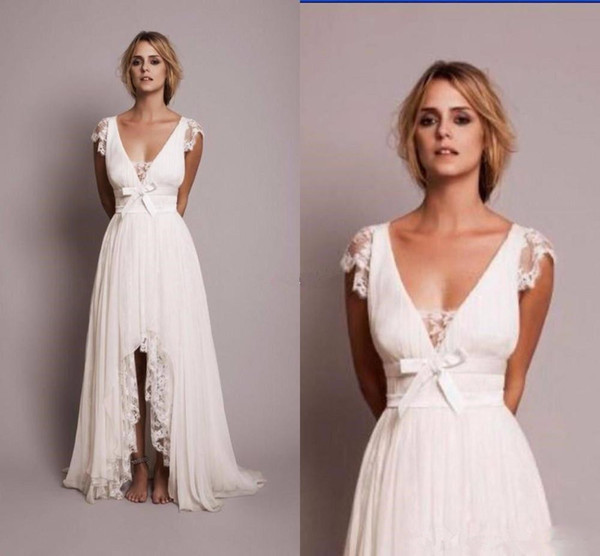 Boho Beach Chiffon Wedding Dresses Hot Selling New V-Neck A-Line Cap Sleeve Front Short Back Long Lace Bridal Gowns Vestido De Noiva W1009