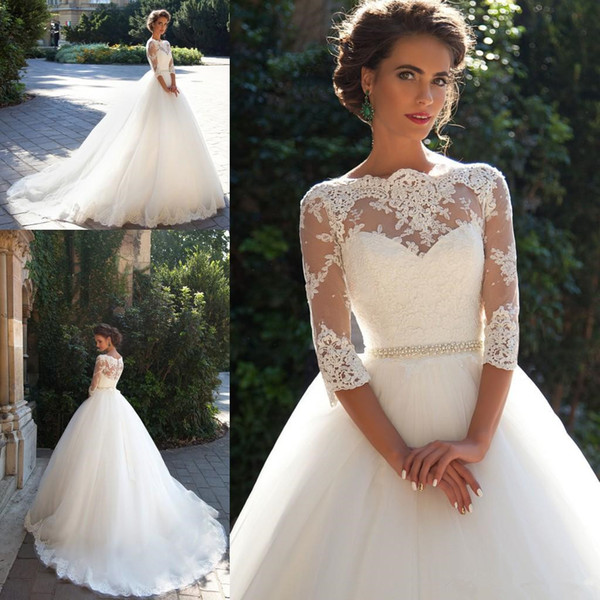 Modest Garden Tulle Sheer Wedding Dresses New Design Long Applique Beads Sash A-Line 3/4 Long Sleeve Vintage Lace Bridal Gowns W70