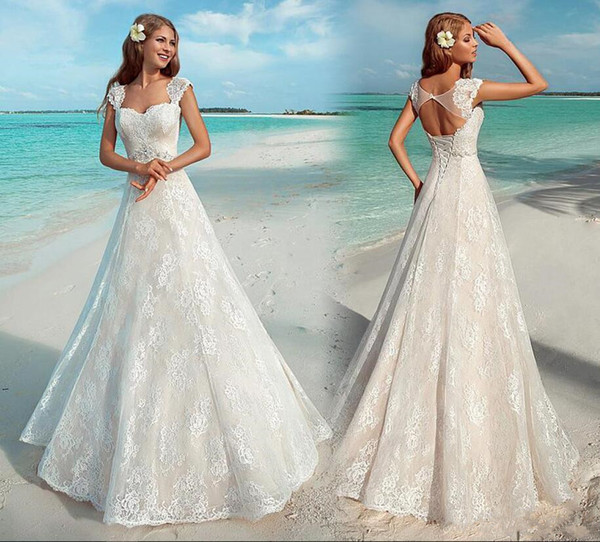 Beach Full Lace Wedding Dresses Floor Length Beaded Crystals Applique Boho Style Cap Sleeve A-Line Backless Wedding Bridal Gowns W91