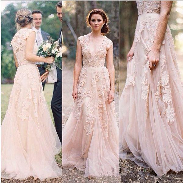 Blush Pink Garden Wedding Dresses Hot Selling New Custom Made Sweep Train A-Line Modest Cap Sleeve Tulle Bohemian Lace Bridal Gowns W97