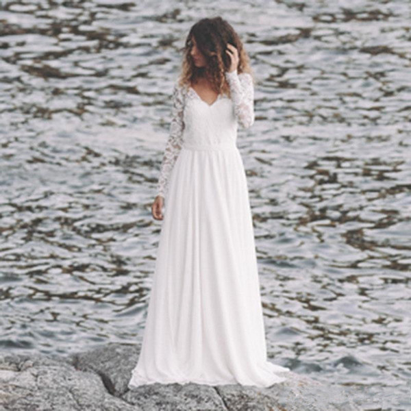 Boho Long Sleeve Beach Wedding Dresses New Hot Selling Custom Vestido De Noiva Court Train A-Line Backless Chiffon Bridal Gowns W1035