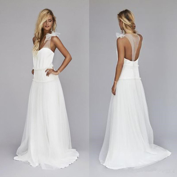 Simple Chiffon Beach Wedding Dresses New Hot Selling Custom Made Dropped Waist Backless Long A-Line Bohemian Sheer Bridal Gowns W93