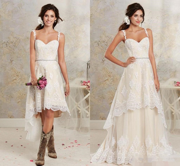 Spaghetti Strap Lace Wedding Dresses With Detachable Skirt A-Line Beads Sash Country Bohemian Bridal Gowns Vestido De Novia Hot W120