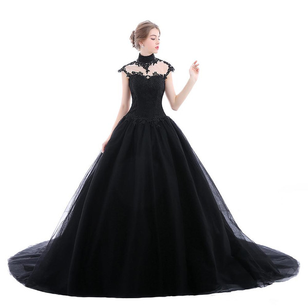 High Neck Gothic Black Wedding Dresses Vestidos De Noiva Court Train Applique Lace Ball Gown Tulle Country Bridal Gowns New Custom W920