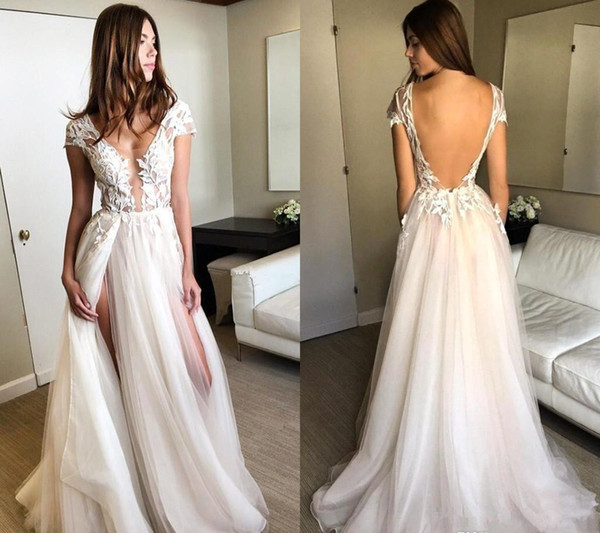 Bohemian Tulle Wedding Dresses New Design Custom Cap Sleeve A-Line Sexy High Split Backless Lace Bridal Gowns Vestidos De Noiva W1044