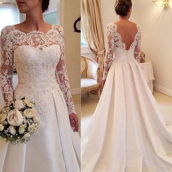 Vintage Lace Wedding Dresses Hot Selling Custom New Court Train Scoop Neckline Applique A-Line Long Sleeve Backless Bridal Gowns W007