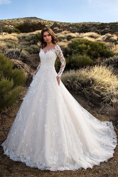 Long Sleeve Country Lace Wedding Dresses New Design Custom Beaded A-Line Backless Tulle Modest Bridal Gowns Vestidos de Novia W6206