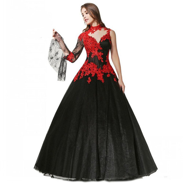 Gothic Black and Red Wedding Dresses New Design Floor Length Beads Applique A-Line One Sleeve High Neck Lace Tulle Bridal Gowns W300