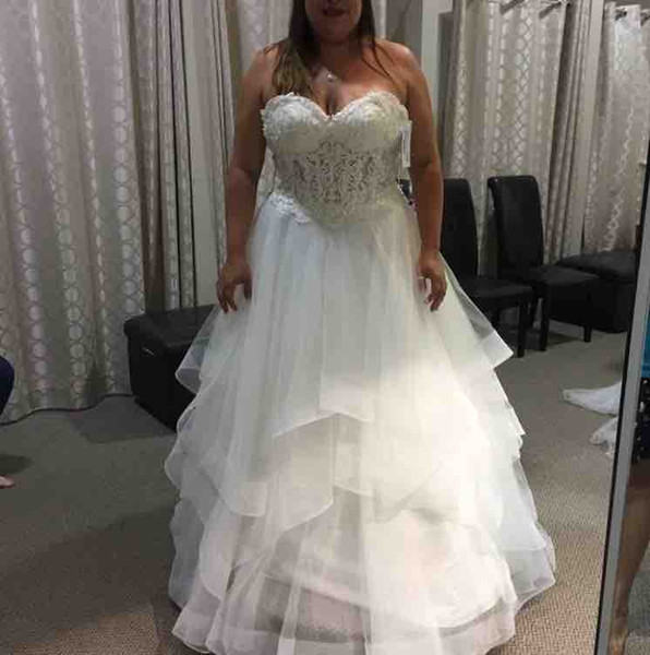 Plus Size Lace Wedding Dresses New Real Image Floor Length Beads Sweetheart A-Line Ruffled Tulle Bridal Gowns Vestidos De Noiva W712