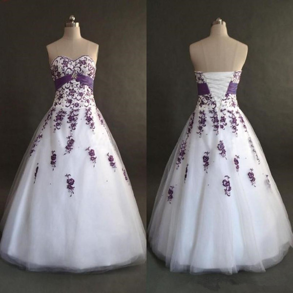 Real Image White and Purple Applique Wedding Dresses A-Line Sweetheart Tulle Long Bridal Gowns Vestios De Marriage Hot Selling New W123