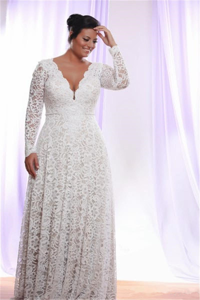 Full Lace Plus Size Wedding Dresses With Removable Long Sleeves Hot Selling New Custom Made A-Line Deep V-Neck Long Bridal Gowns W101